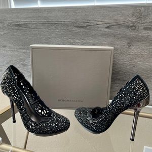 New BCBG leather cutout platform stilettos